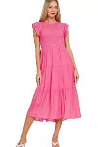 Zenana Woven Smocked Ruffle Sleeve Midi Dress in Fuchsia