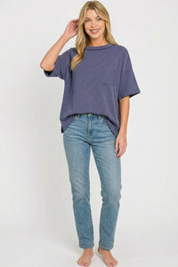Zenana Raised Rib Short Sleeve Front Pocket Tee in Navy