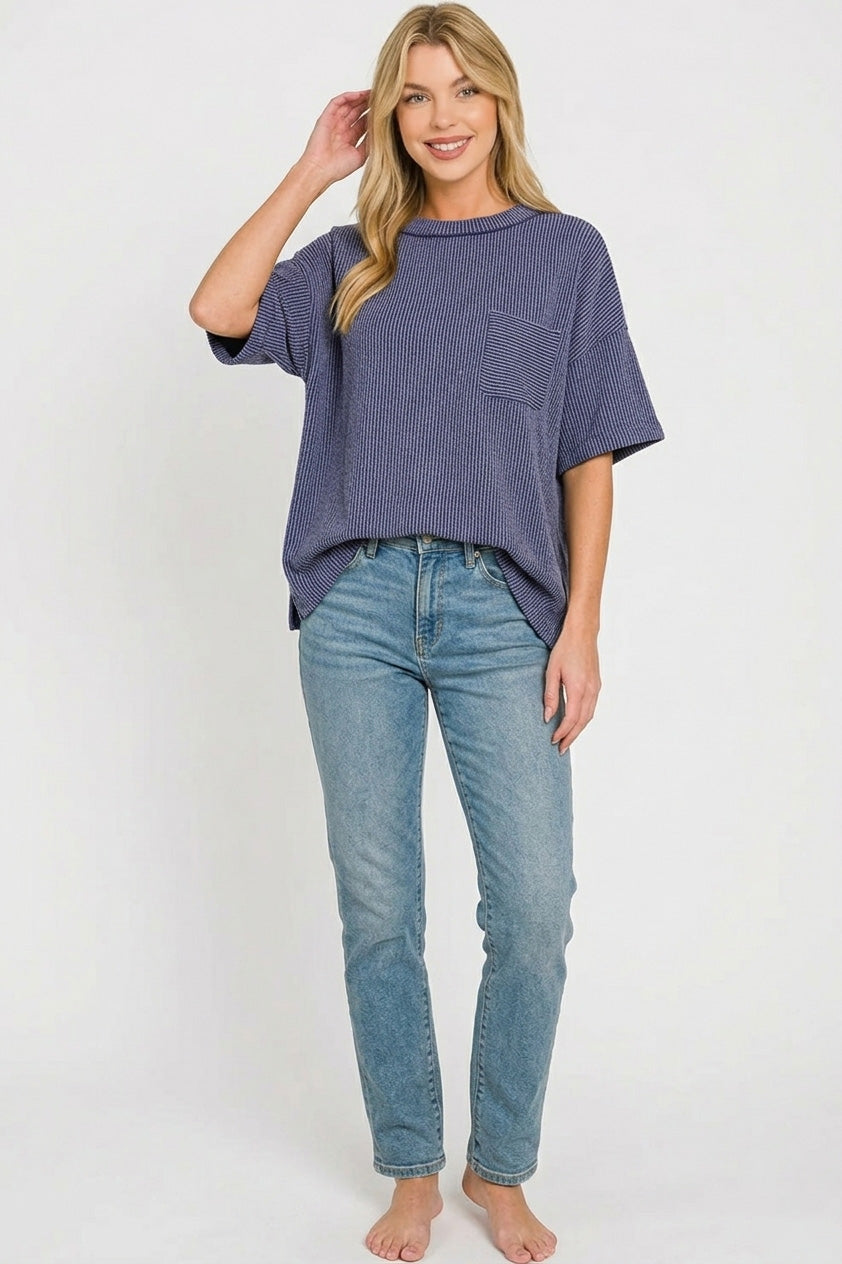 Zenana Raised Rib Short Sleeve Front Pocket Tee in Navy