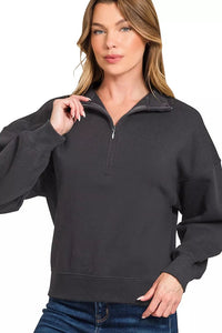 Fleece High Neck Half Zip Sweatshirt in Black