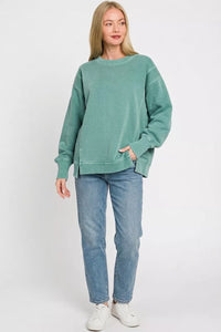 Zenana Pigment Dye Exposed-Seam Fleece Sweatshirt in Teal