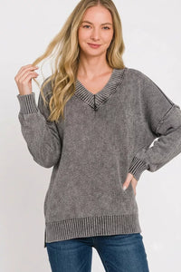 Zenana Washed V-Neck Oversized Sweater - Black