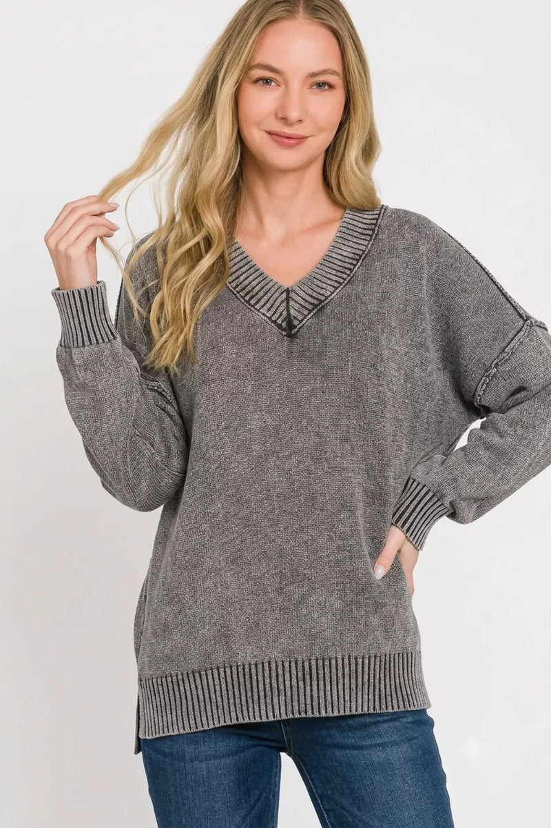 Zenana Washed V-Neck Oversized Sweater - Black