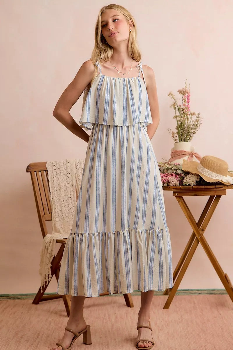 So Me Nautical Stripe Tiered Shoulder Tie Midi Dress