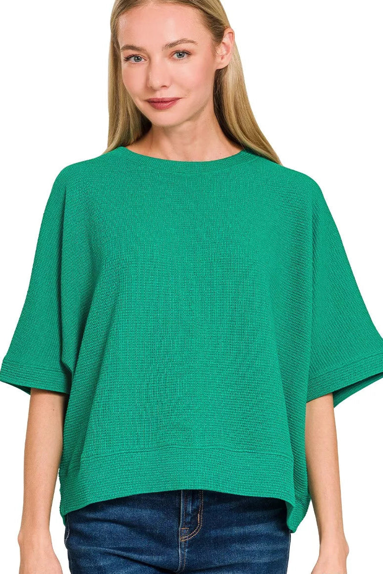 Double Knit Side Slit Hi Low Short Sleeve Top in Kelly Green