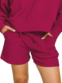 Zenana Ribbed Round Neck Pullover and Shorts Set in Cabernet
