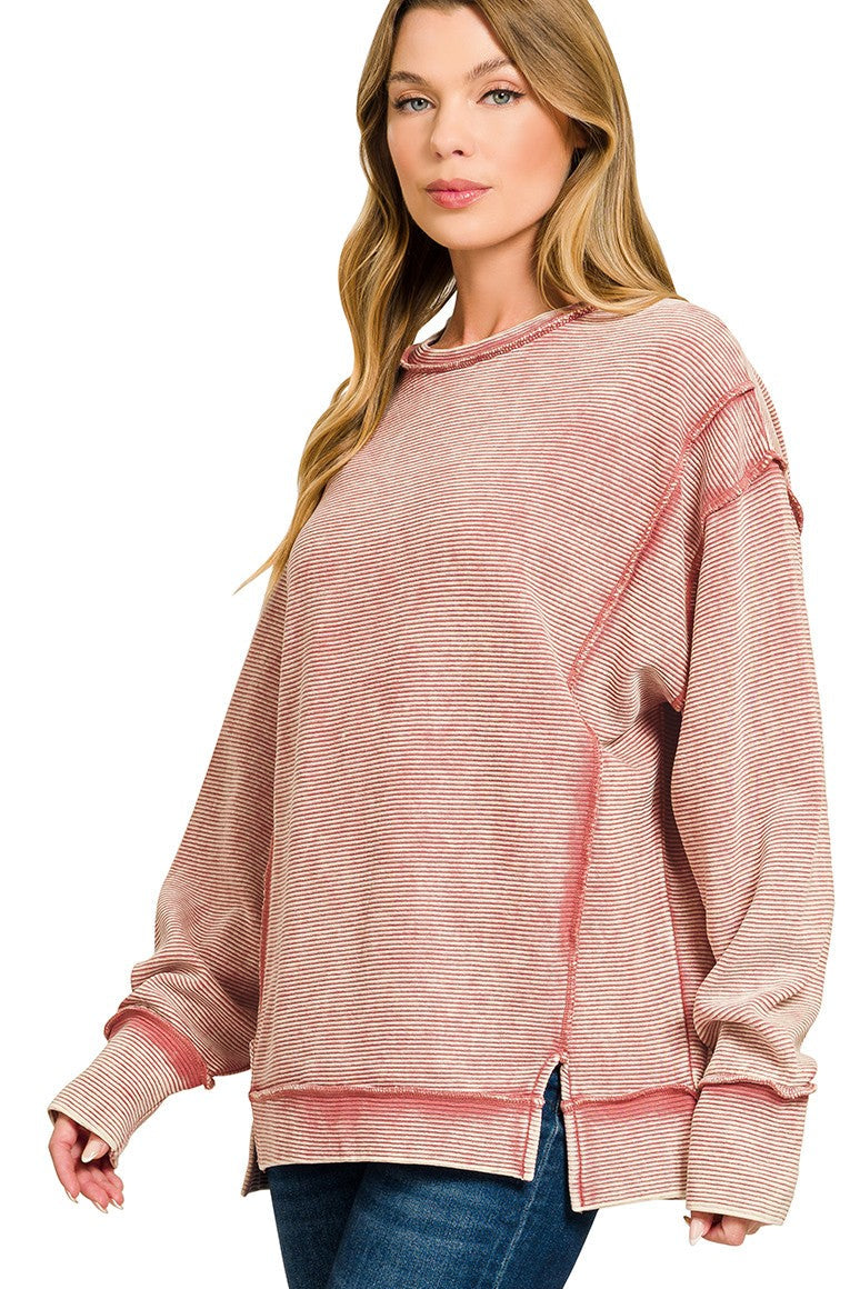Zenana Acid Washed Double Ribbed Hi-low Pullover Sweatshirt in Winter Rose