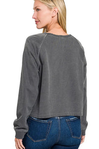 Zenana Washed French Terry Pullover & Pants Set in Black