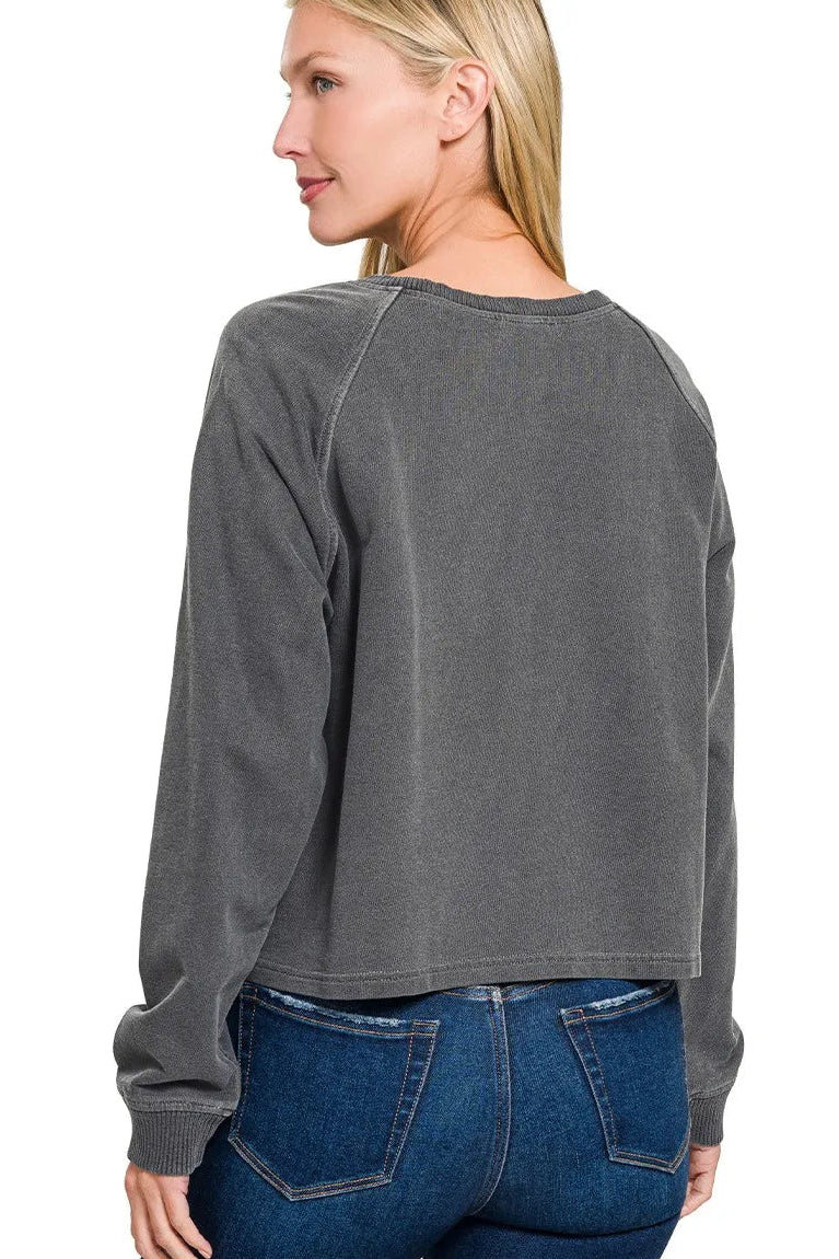 Zenana Washed French Terry Pullover & Pants Set in Black