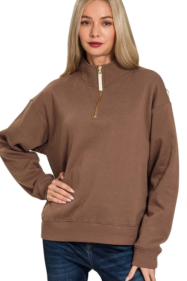 Zenana Quarter Zip Fleece Sweatshirt and Sweatpants in Brown