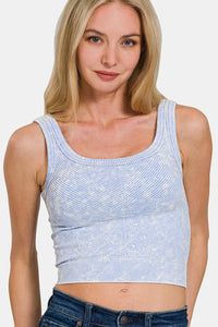 Zenana Washed Ribbed Scoop Neck Wide Strap Tank in Spring Blue