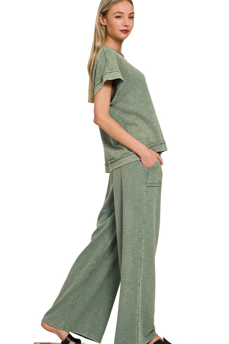Zenana Cotton Slub Short Sleeve Tee and Pants Set in Ash Jade