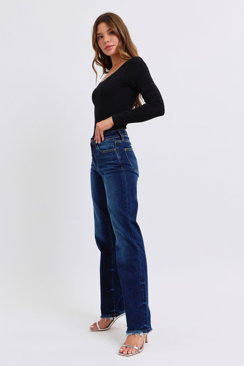 Judy Blue Mid Rise Frayed Hem Straight Leg Jeans