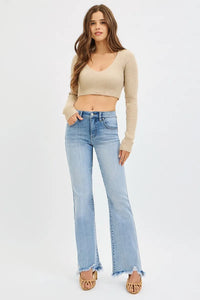 Risen Mid Rise Tummy Control Frayed Hem Flare Jeans