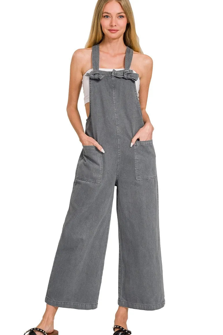 Washed Knot Strap Relaxed Fit Overalls in Ash Black