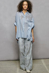 POL Floral Embroidered Button Down High-Low Hem Shirt