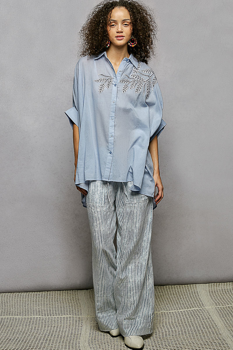 POL Floral Embroidered Button Down High-Low Hem Shirt