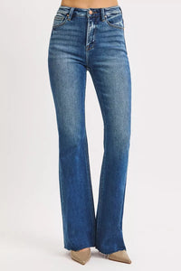 Risen High Rise Raw Cut Hem Flare Jeans