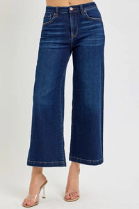 Risen High Rise Dark Wash Crop Wide Leg Jeans