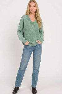 Zenana Washed V-Neck Oversized Sweater - Dark Green