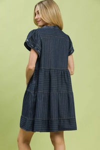 Umgee Chambray Tiered Babydoll Dress in Dark Denim