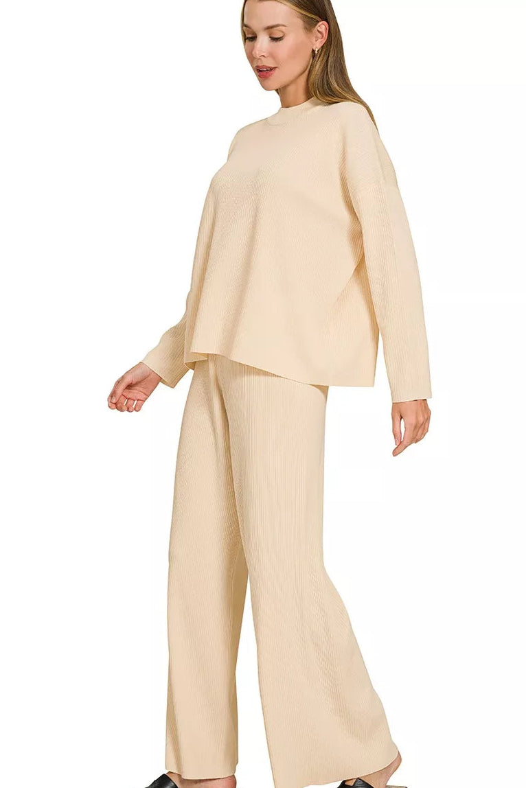 Viscose Sweater Knit Top &amp; Pants Two-Piece Set in Light Beige