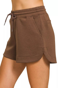 Zenana Scuba Elastic Waistband Shorts with Pockets in Brown