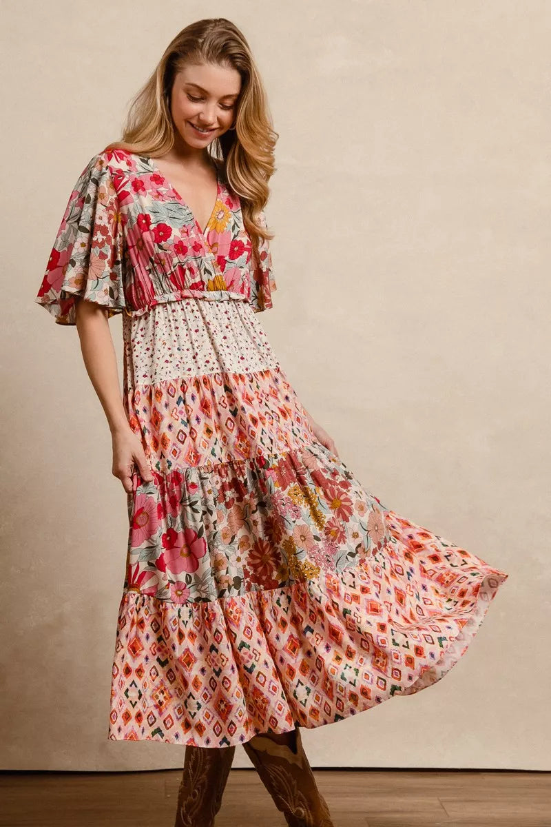 Bibi Floral Print Mix Midi Dress