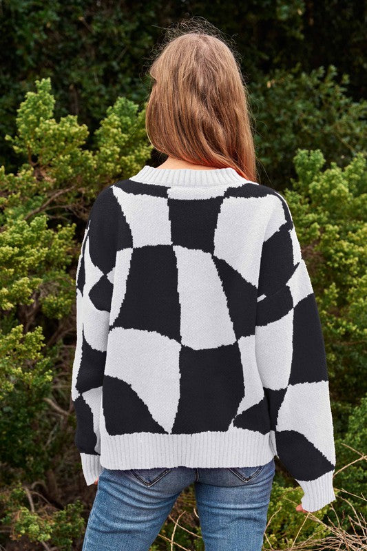 Black & White Geo Checker Pullover Sweater