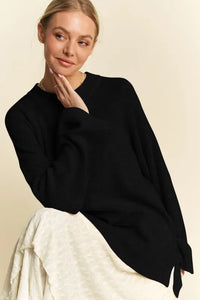 High-Low Round Neck Drop Shoulder Sweater in Black