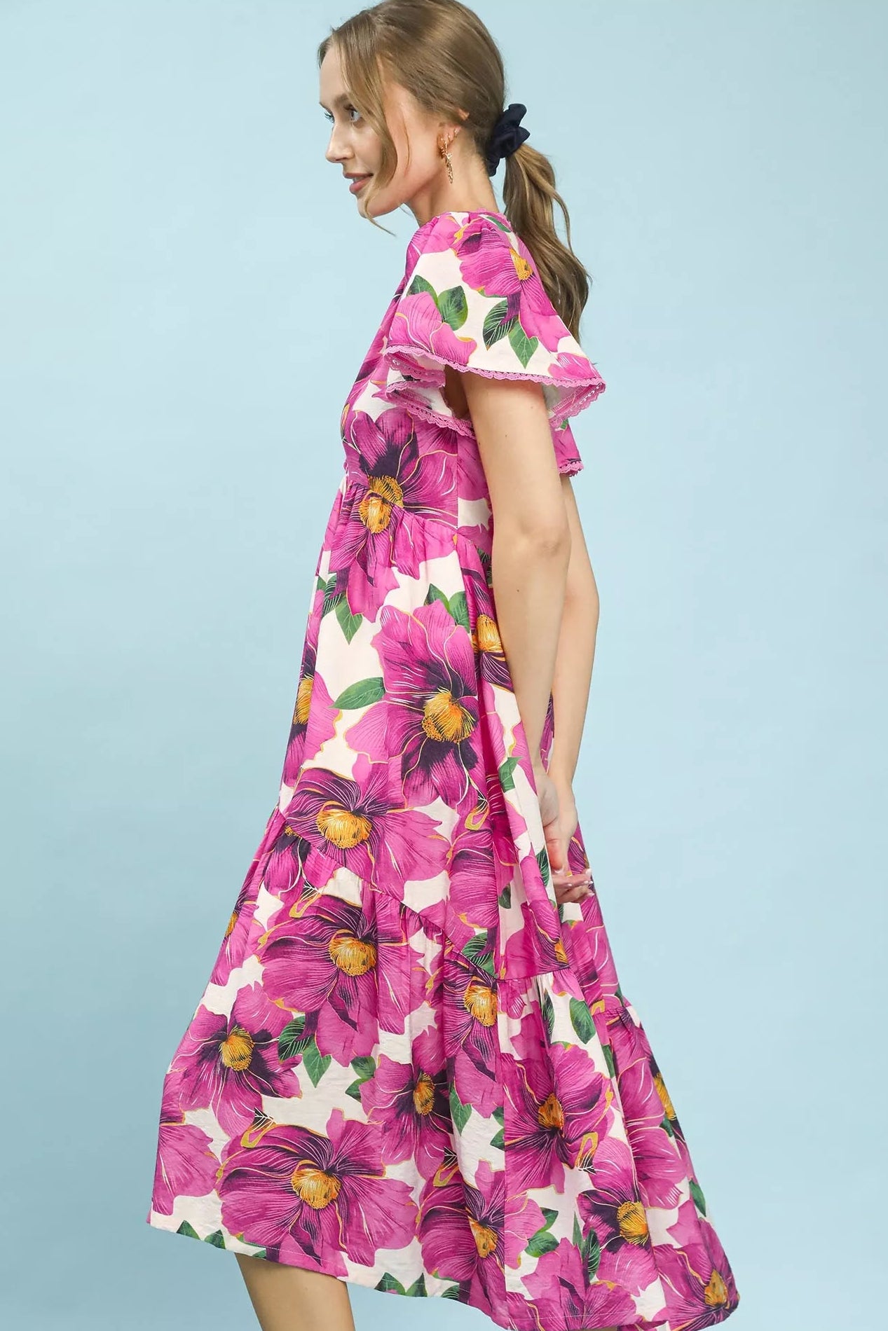 Umgee Pink Tropical Floral Flutter Sleeve Tiered Midi Dress