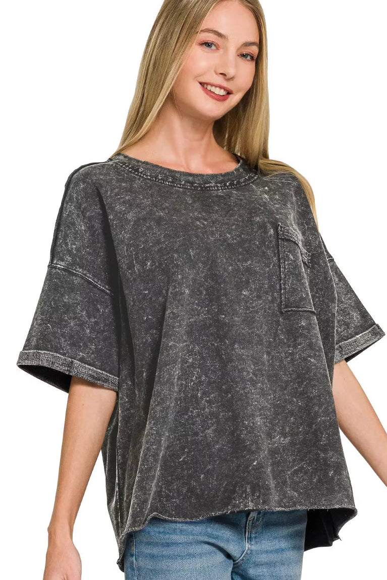 Zenana French Terry Acid Washed Raw Edge Tee