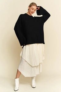High-Low Round Neck Drop Shoulder Sweater in Black