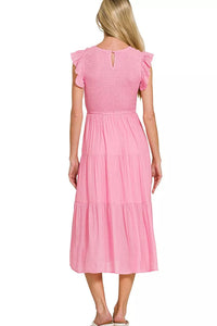 Woven Smocked Ruffle Sleeve Midi Dress in Candy Pink
