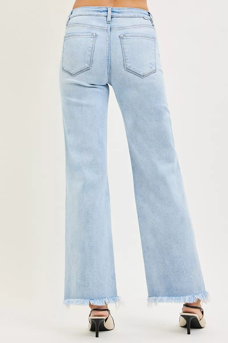 Risen Mid Rise Tummy Control Straight Leg Fray Hem Jeans