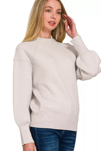 Zenana Mock Neck Exposed Seam Sweater in Bone