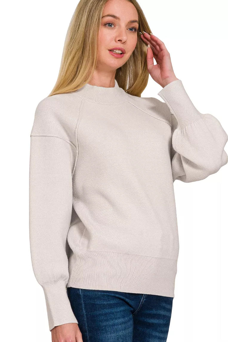 Zenana Mock Neck Exposed Seam Sweater in Bone