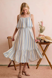 So Me Nautical Stripe Tiered Shoulder Tie Midi Dress
