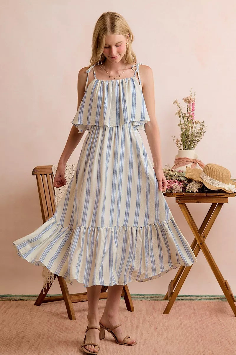 So Me Nautical Stripe Tiered Shoulder Tie Midi Dress