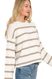 Zenana Striped Sweater in Heather Mocha