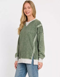 Zenana Fleece Acid Washed Contrast Trim Pullover Sweatshirt in Army Green