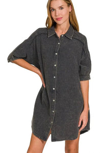 Zenana Washed Double Gauze Button Down Shirt Dress in Ash Black