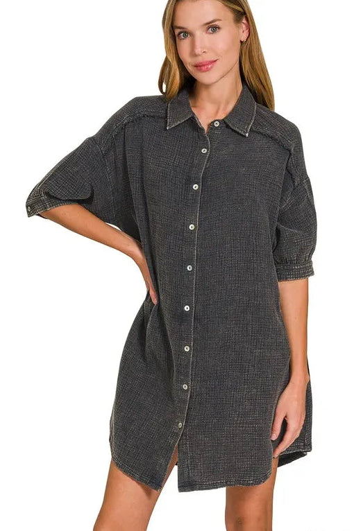 Zenana Washed Double Gauze Button Down Shirt Dress in Ash Black