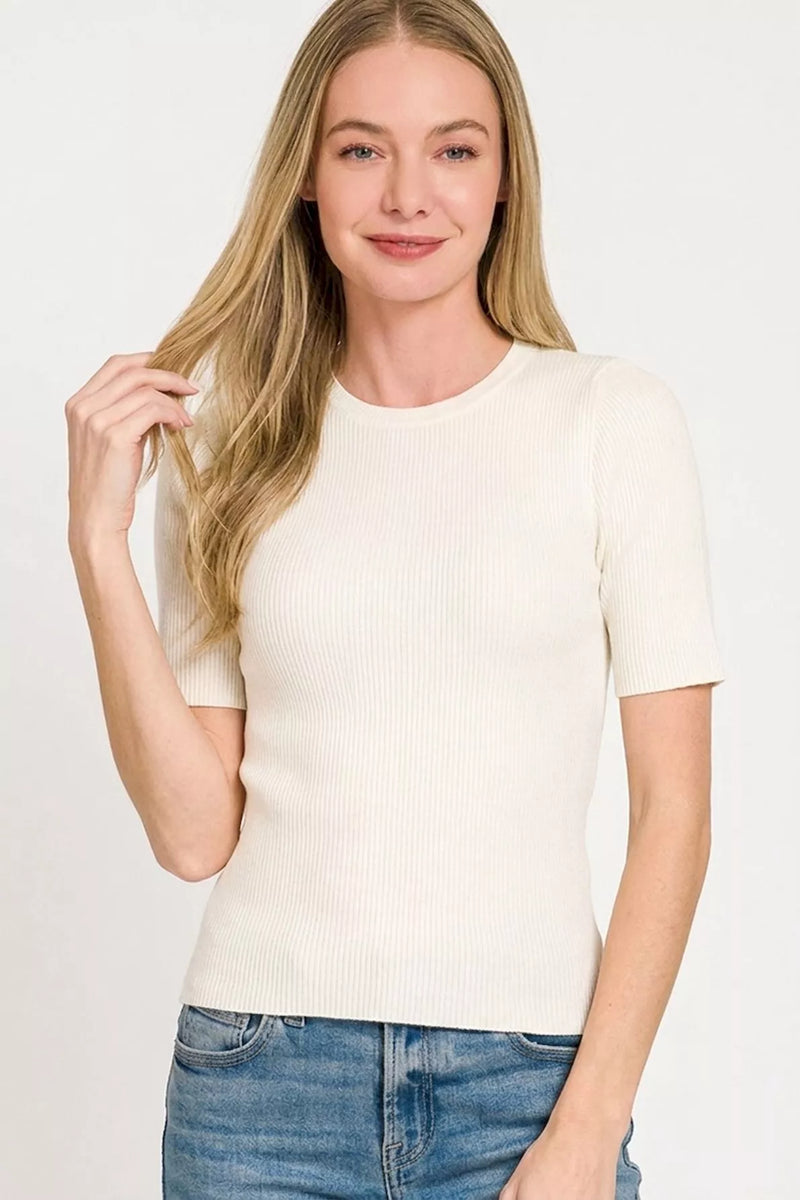 Zenana Viscose Ribbed Mock Neck Sweater Knit Top in Ivory