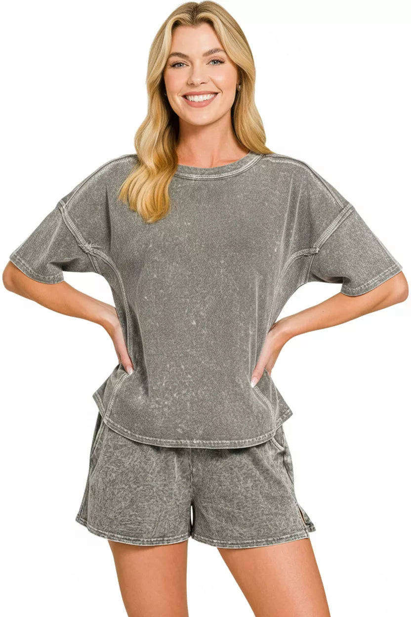 Halo Snow Washed Short Sleeve Tee and Shorts Set
