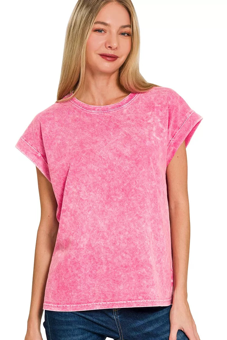 Zenana Halo Washed Cotton Short Sleeve Top in Hot Pink