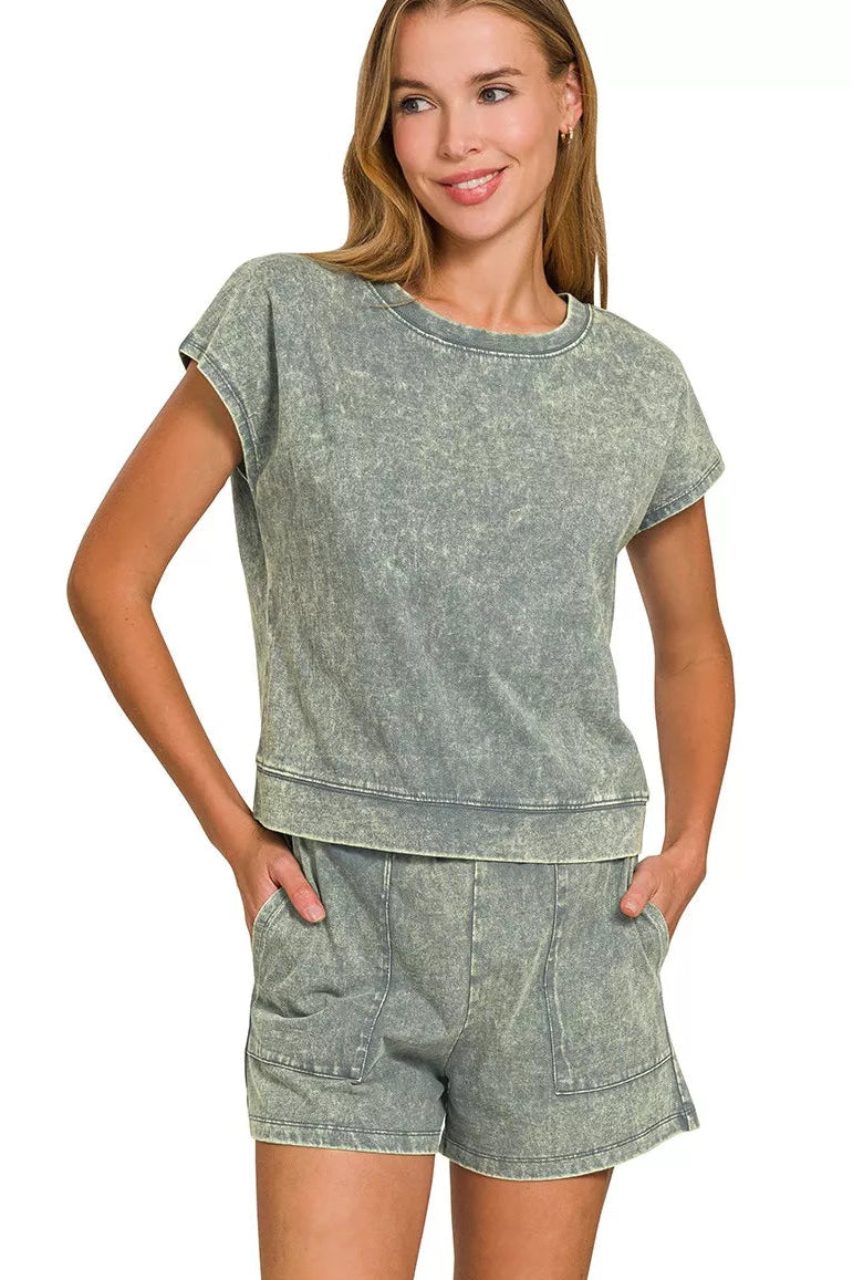 Zenana Halo Snow Washed Short Sleeve Tee and Shorts Set in Ash Jade