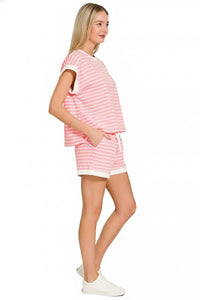 Zenana Stripe Contrast Trim Top & Shorts Set in Pink