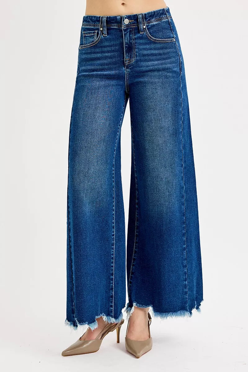 Risen High Rise Dark Wash Destroyed Hem Wide Leg Palazzo Jeans