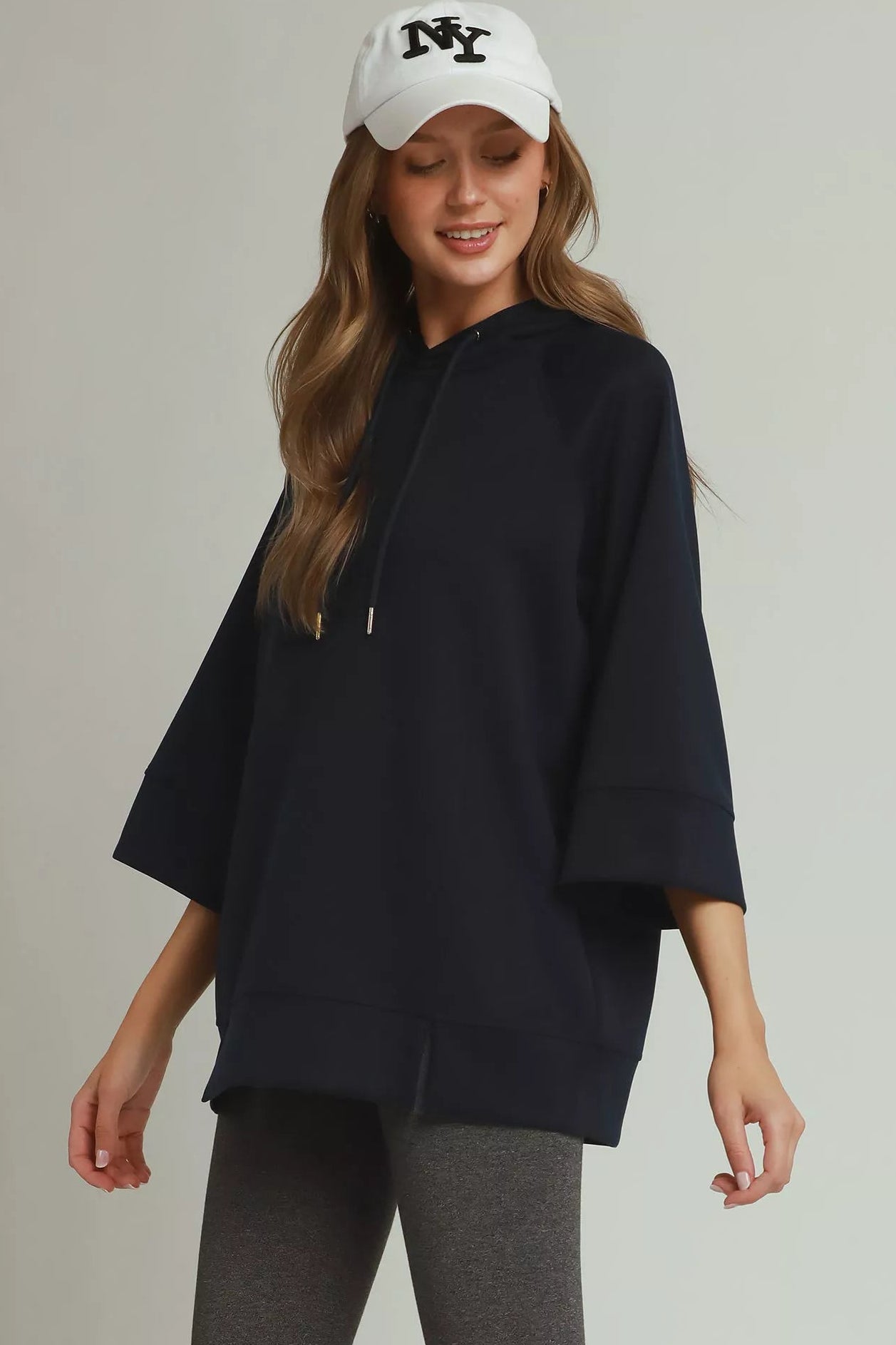 Umgee Cloudknit 3/4 Sleeve Tunic Top with Graphic Hood